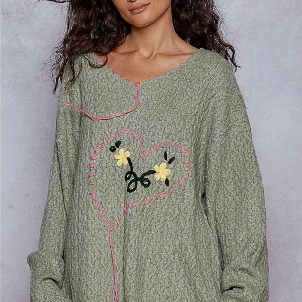 POL Green Sweater with Heart Embroidery